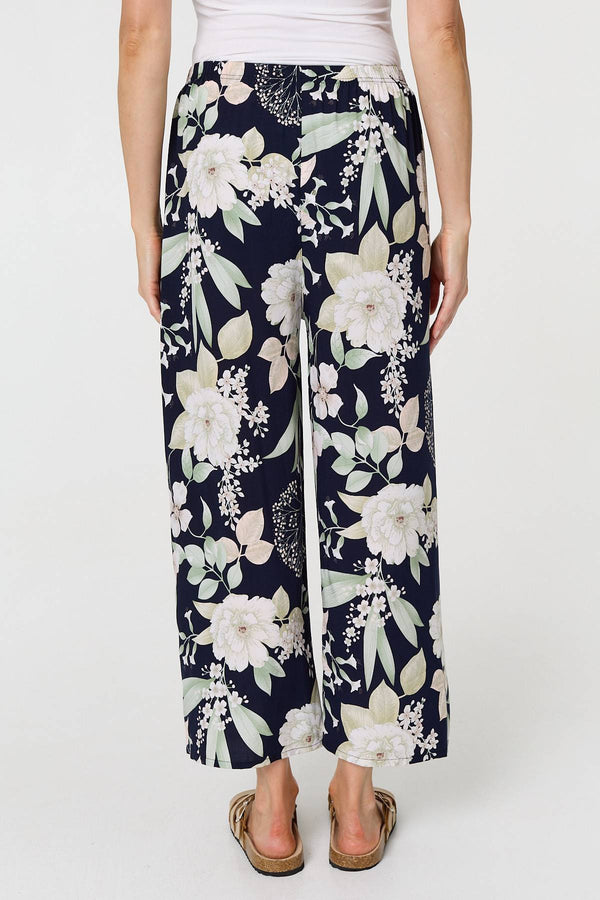 Navy | Floral Tie Waist Wide Leg Trousers