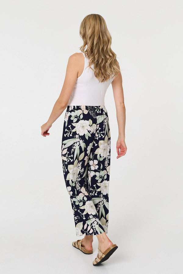 Navy | Floral Tie Waist Wide Leg Trousers