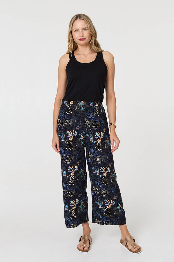 Black | Printed Tie Waist Wide Trousers