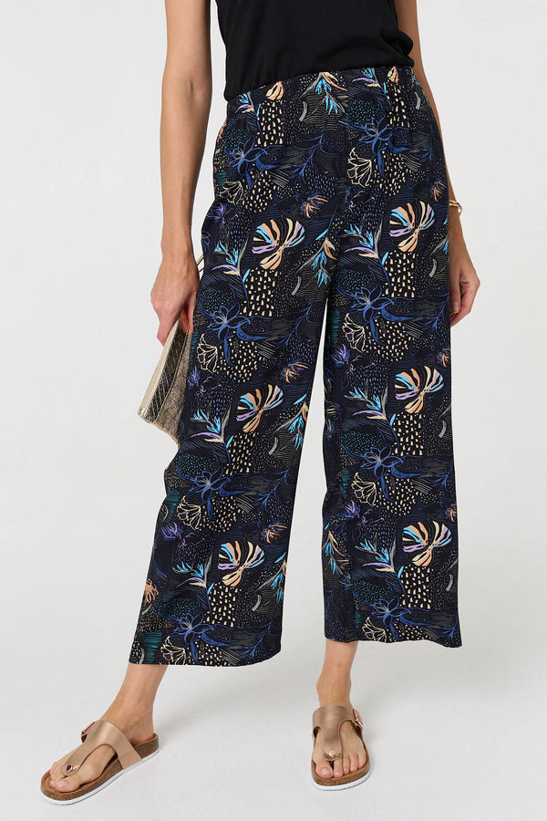 Black | Printed Tie Waist Wide Trousers