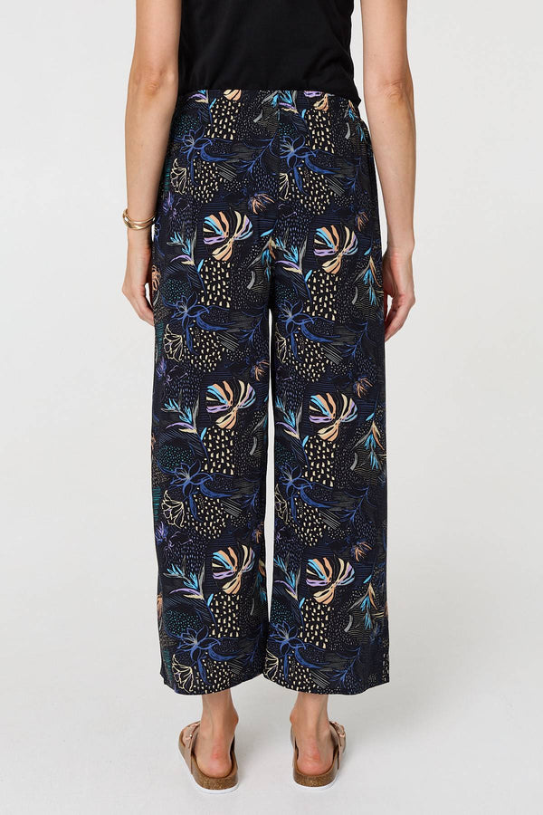 Black | Printed Tie Waist Wide Trousers