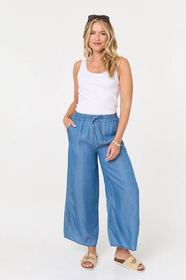 Blue | Elasticated Tie Waist Wide Trousers