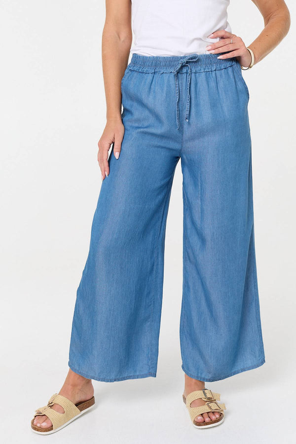 Blue | Elasticated Tie Waist Wide Trousers