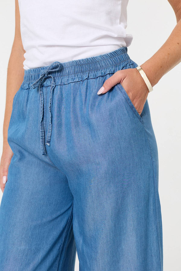 Blue | Elasticated Tie Waist Wide Trousers