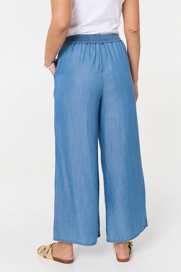 Blue | Elasticated Tie Waist Wide Trousers