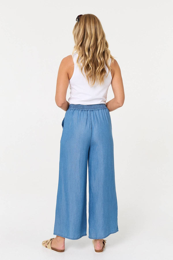 Blue | Elasticated Tie Waist Wide Trousers