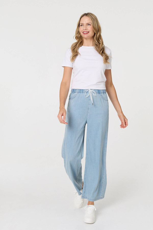 Blue | Tie Waist Wide Leg Relaxed Trousers