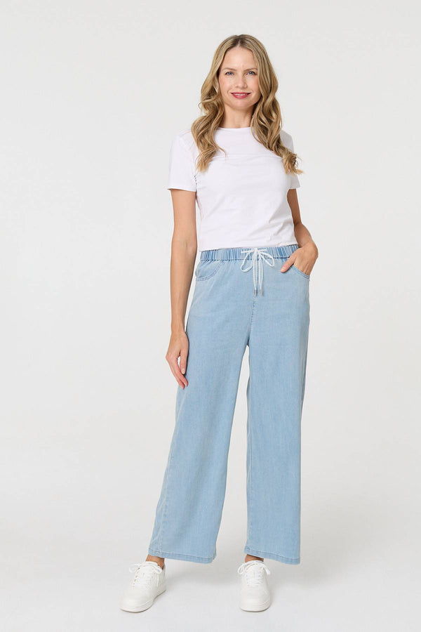 Blue | Tie Waist Wide Leg Relaxed Trousers