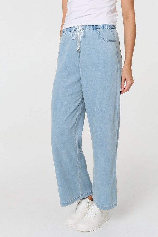 Blue | Tie Waist Wide Leg Relaxed Trousers