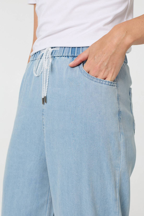 Blue | Tie Waist Wide Leg Relaxed Trousers
