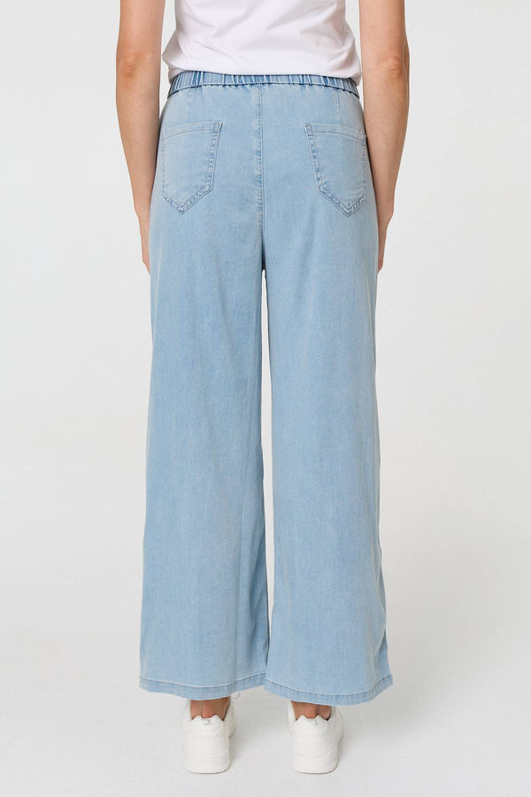 Blue | Tie Waist Wide Leg Relaxed Trousers