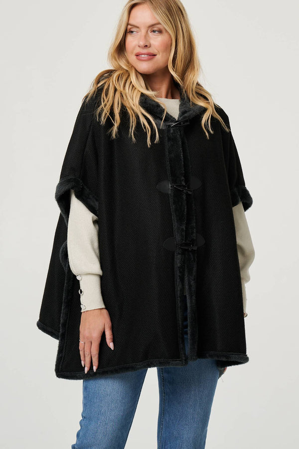 Black | Faux Fur Lined Hooded 1/2 Sleeve Poncho