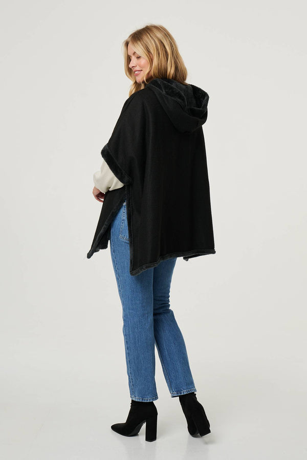 Black | Faux Fur Lined Hooded 1/2 Sleeve Poncho