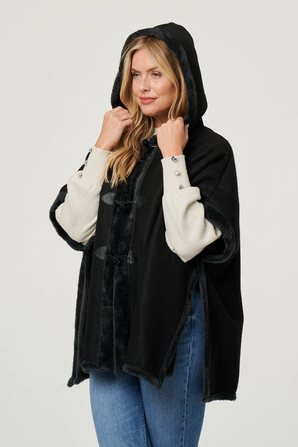 Black | Faux Fur Lined Hooded 1/2 Sleeve Poncho