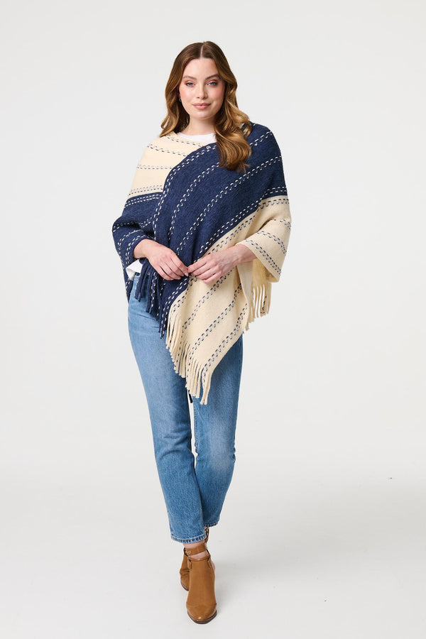 Blue | Striped Tassel Trim Oversized Poncho