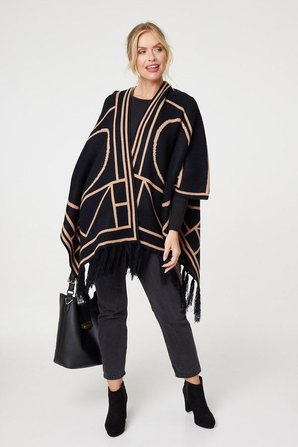 Black | Printed Tassel Fringe Longline Poncho
