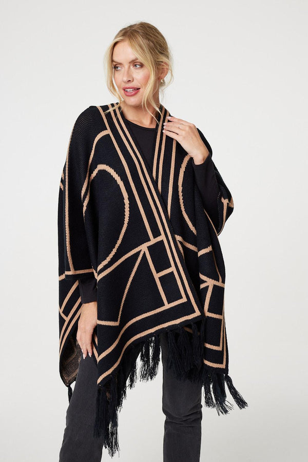Black | Printed Tassel Fringe Longline Poncho