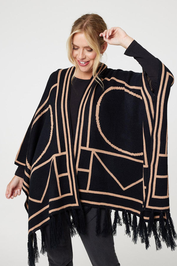 Black | Printed Tassel Fringe Longline Poncho