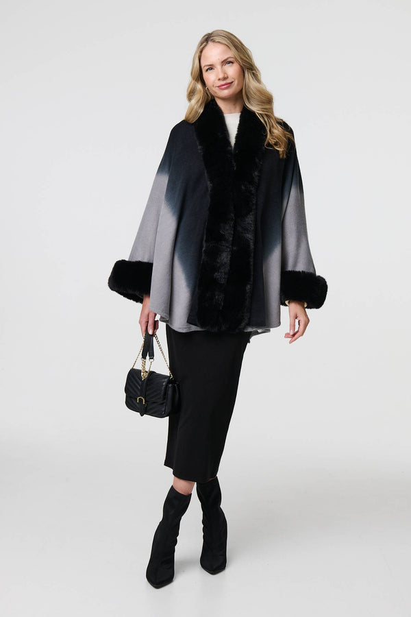 Black | Faux Fur Trim Thigh Length Poncho