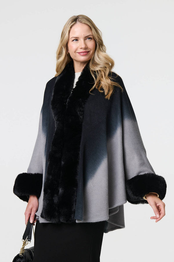 Black | Faux Fur Trim Thigh Length Poncho