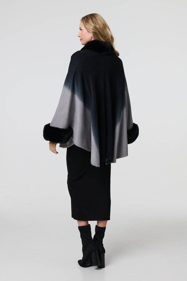Black | Faux Fur Trim Thigh Length Poncho