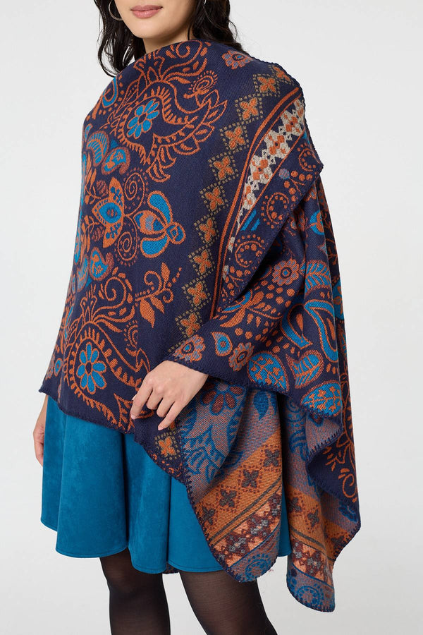 Navy | Abstract Open Front Relaxed Poncho