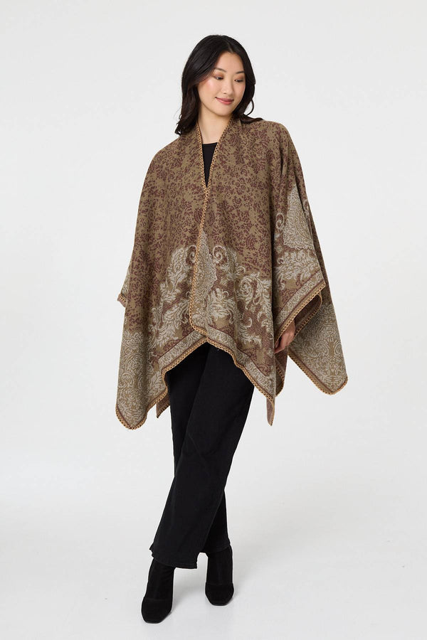 Beige | Printed Open Front Relaxed Poncho