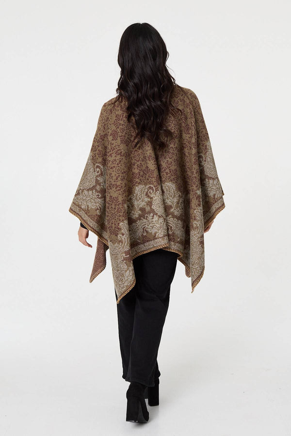 Beige | Printed Open Front Relaxed Poncho