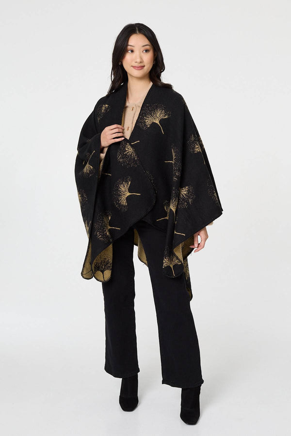 Black | Printed Open Front Oversized Poncho