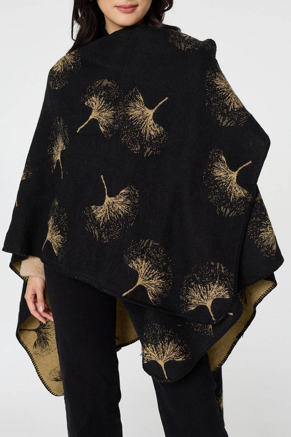 Black | Printed Open Front Oversized Poncho