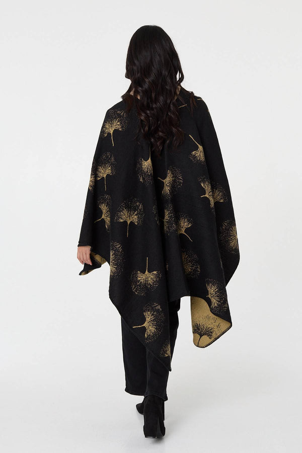 Black | Printed Open Front Oversized Poncho