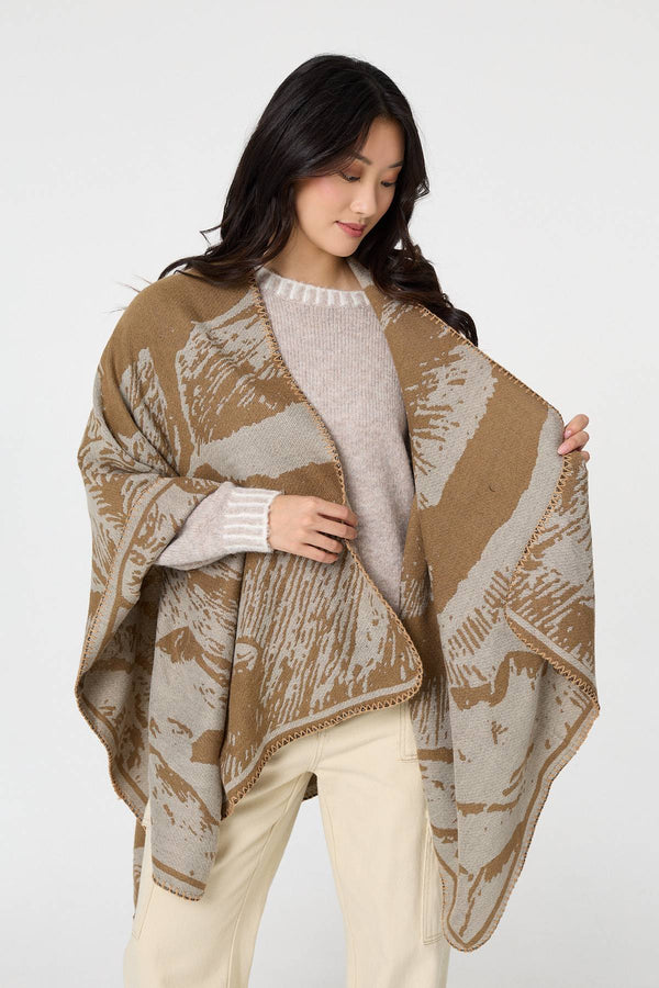 Beige | Printed Oversized Open Front Poncho