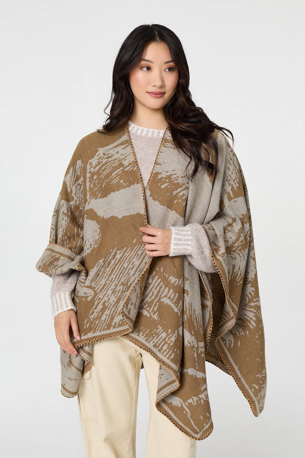 Beige | Printed Oversized Open Front Poncho