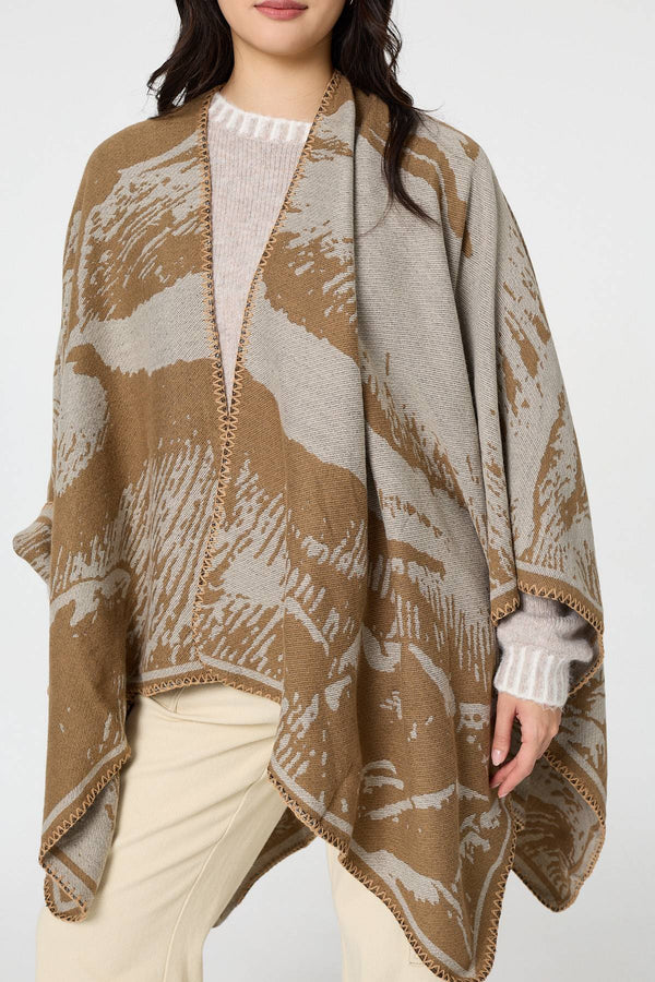Beige | Printed Oversized Open Front Poncho