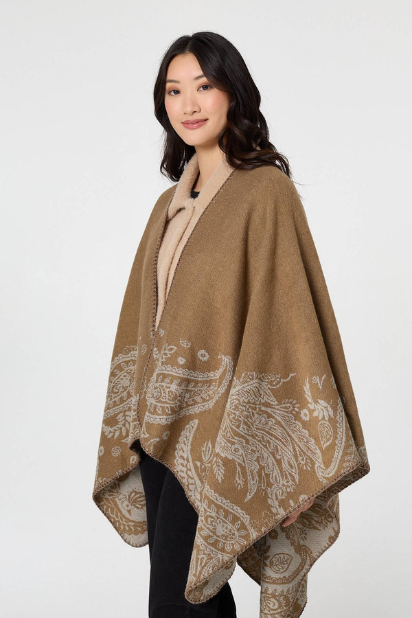 Beige | Border Print Relaxed Open Front Poncho
