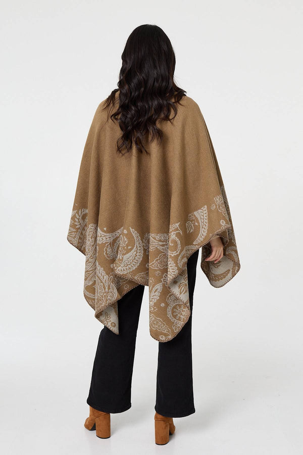 Beige | Border Print Relaxed Open Front Poncho