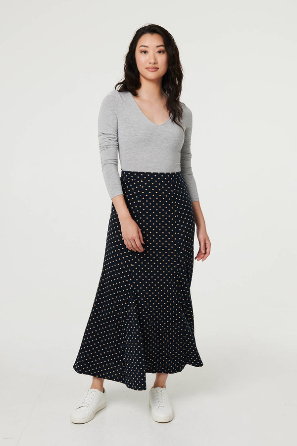 Navy | Polka Dot Print High Waist Maxi Skirt