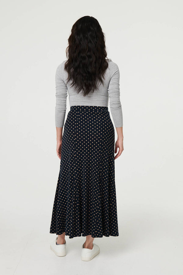 Navy | Polka Dot Print High Waist Maxi Skirt