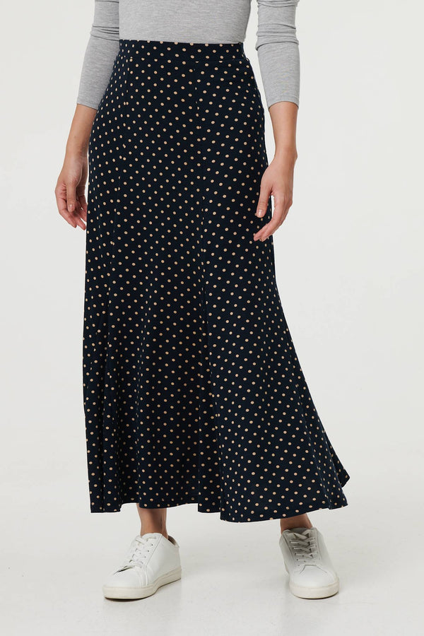 Navy | Polka Dot Print High Waist Maxi Skirt