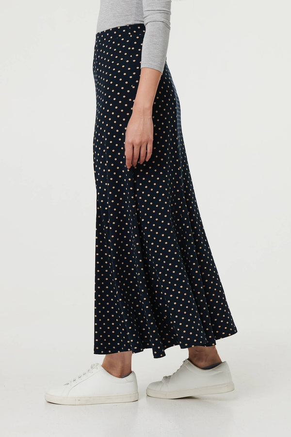 Navy | Polka Dot Print High Waist Maxi Skirt