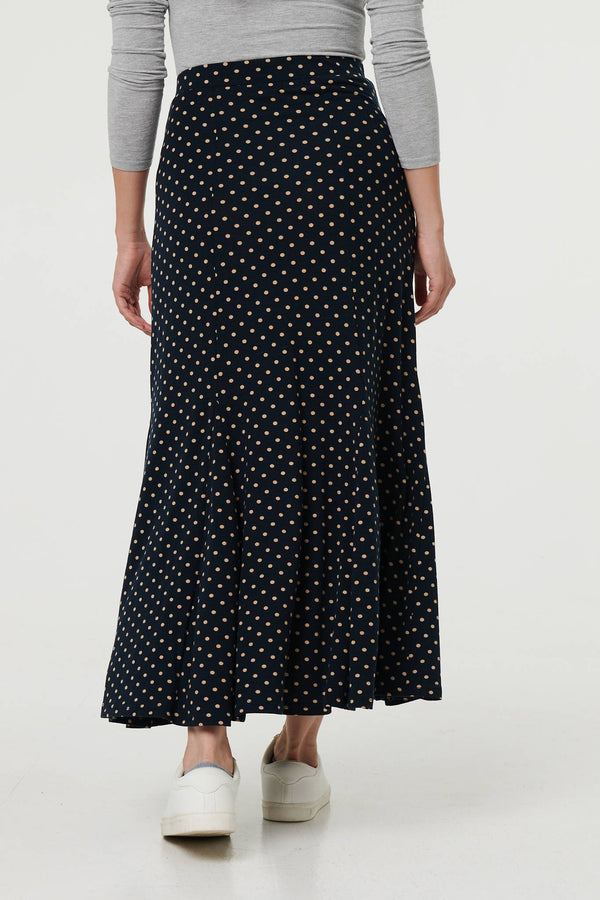 Navy | Polka Dot Print High Waist Maxi Skirt