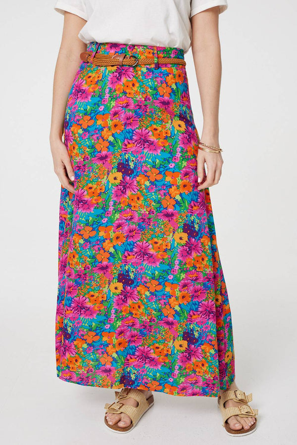 Pink | Floral Print Belted A-Line Maxi Skirt