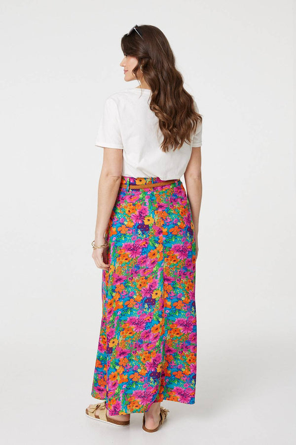 Pink | Floral Print Belted A-Line Maxi Skirt