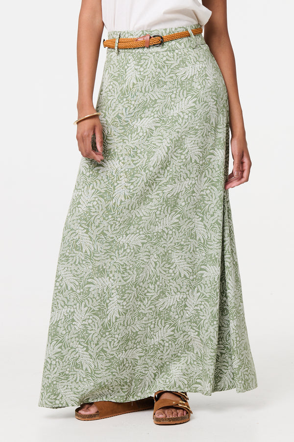 Green | Leaf Print Belt Detail Maxi Skirt