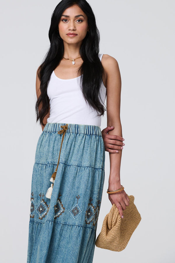 Indigo | Embroidered Tiered Tassel Waist Maxi Skirt