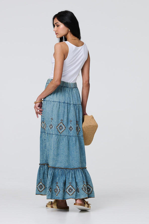 Indigo | Embroidered Tiered Tassel Waist Maxi Skirt