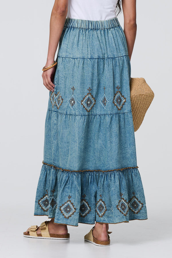 Indigo | Embroidered Tiered Tassel Waist Maxi Skirt