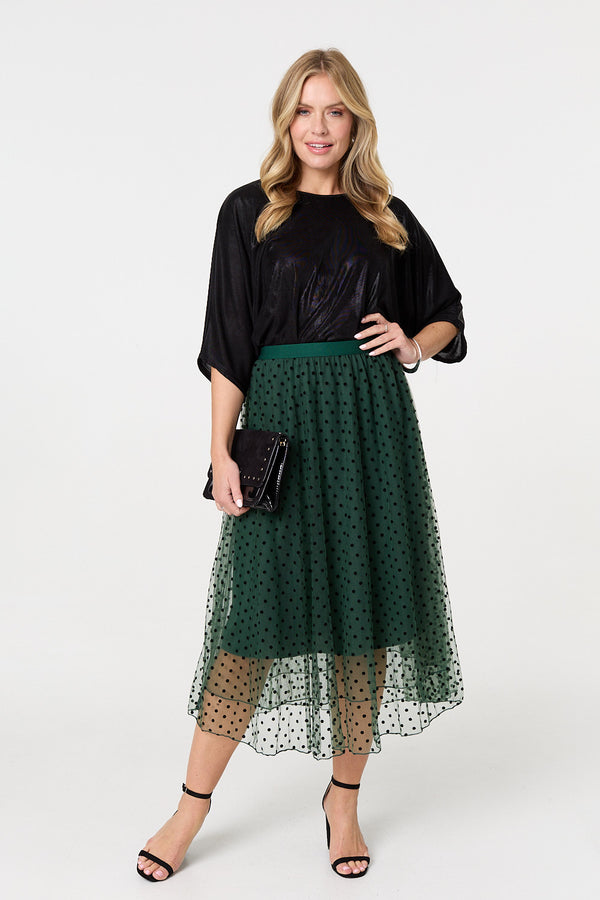 Green | Polka Dot Layered Mesh Midi Skirt