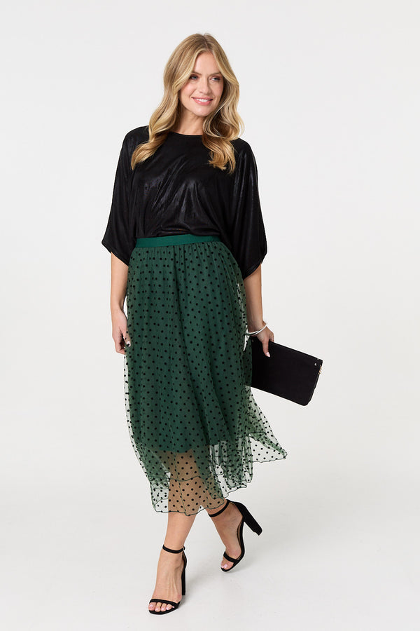 Green | Polka Dot Layered Mesh Midi Skirt