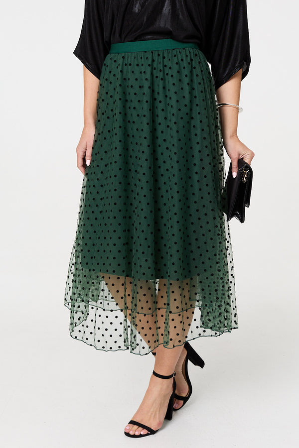 Green | Polka Dot Layered Mesh Midi Skirt